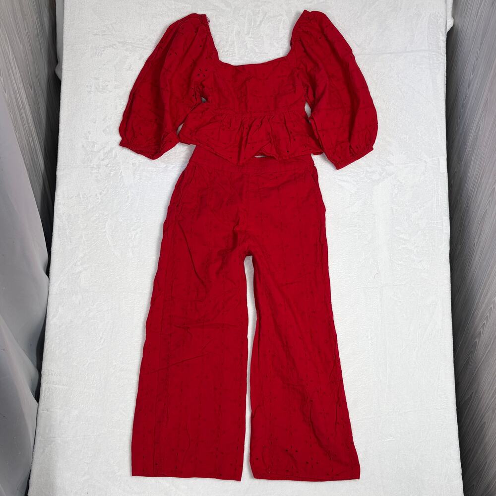 MANGO 2pc Eyelet Puff Sleeve Blouse Trousers Set Women’s 2 Red Boho Resort Chic